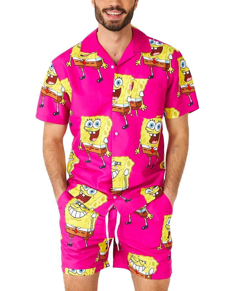 OppoSuits Men's Hawaiian 2 Piece Set - SpongeBob Beach Swim Wear - Slim Fit - Includes Short Sleeve Shirt and Shorts