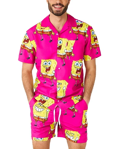 OppoSuits Men's Hawaiian 2 Piece Set - SpongeBob Beach Swim Wear - Slim Fit - Includes Short Sleeve Shirt and Shorts