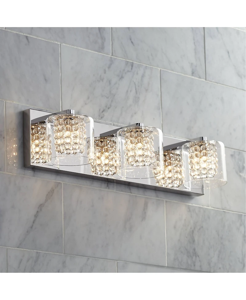Coco Modern Wall Mount Light Chrome Silver Metal Hardwired 20.5" Wide 3-Light Fixture Clear Glass Shade Crystal Accents for Bathroom Vanity Mirro