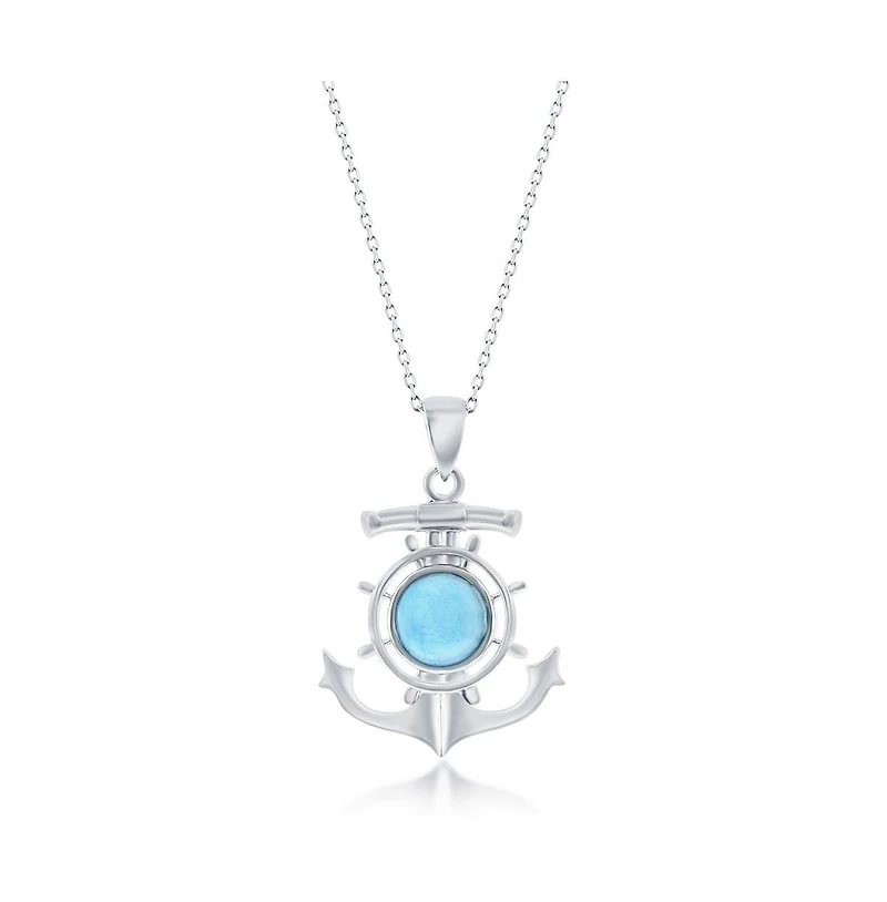 Sterling Silver Round Larimar Anchor Ship Wheel Necklace
