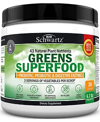 BioSchwartz Super Greens Superfood Powder - Greens Powder with Probiotics Prebiotics Digestive Enzymes and 43 Green Superfoods