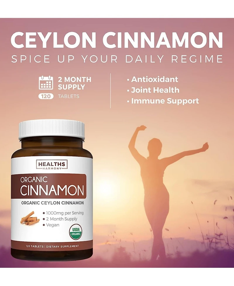 Healths Harmony Organic Ceylon Cinnamon Tablets, Cinnamon Supplements for Energy, Heart, and Metabolism Support, Healths Harmony, 120ct