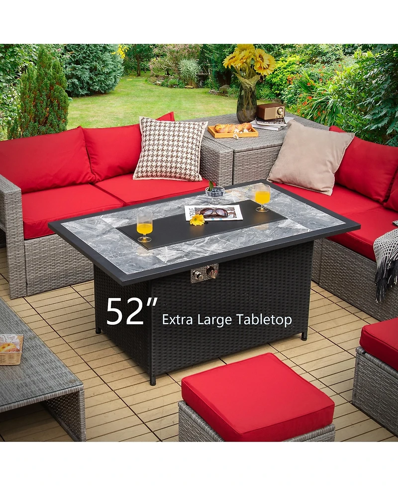 52'' Propane Fire Pit Table Marble Tabletop Rattan Wicker w/ Rain Cover Lava Rock