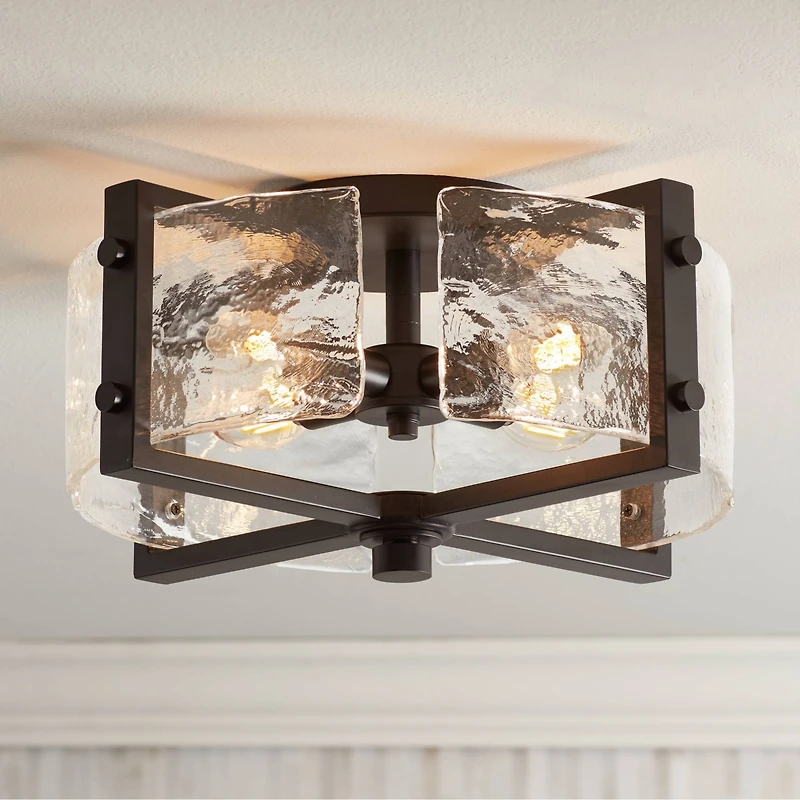 Adri Modern Ceiling Light Flush Mount Fixture 4-Light 16.50" Wide Black Metal Curved Textured Glass Panels for Bedroom Kitchen Living Room Family