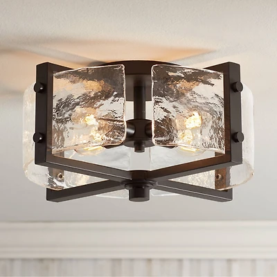 Adri Modern Ceiling Light Flush Mount Fixture 4-Light 16.50" Wide Black Metal Curved Textured Glass Panels for Bedroom Kitchen Living Room Family