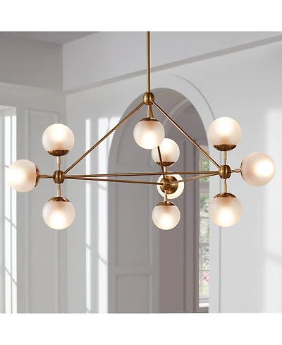 Gable Soft Gold Hanging Chandelier Lighting 40.50" Wide Mid Century Modern Sputnik Frosted Glass Globe Shade 10-Light Fixture for Dining Room Hou