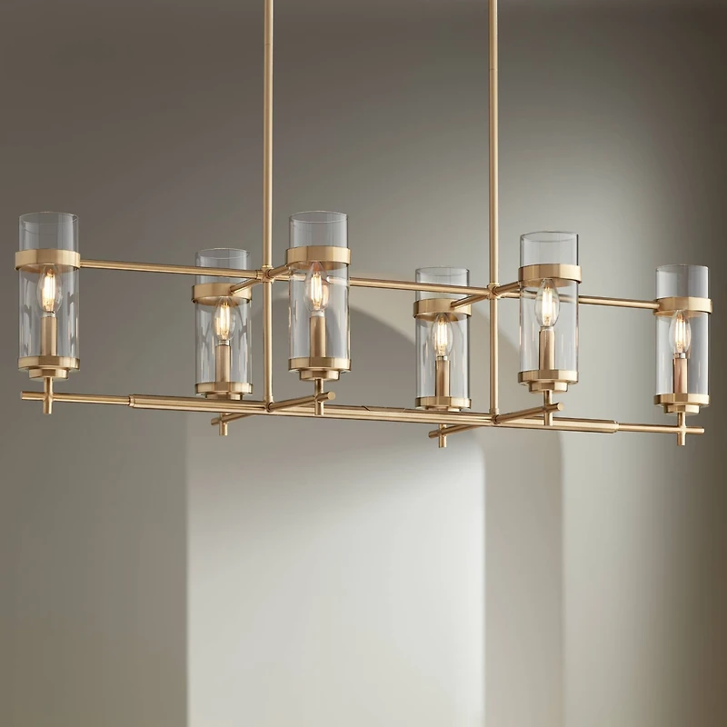 Possini Euro Design Mikel Soft Gold Linear Island Pendant Chandelier 42" Wide Modern Clear Glass Shade 6-Light Fixture for Dining Room House Kitc