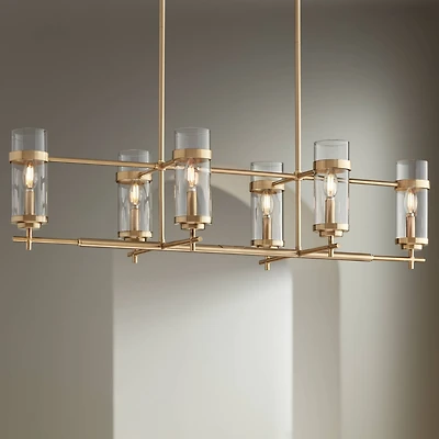 Possini Euro Design Mikel Soft Gold Linear Island Pendant Chandelier 42" Wide Modern Clear Glass Shade 6-Light Fixture for Dining Room House Kitc