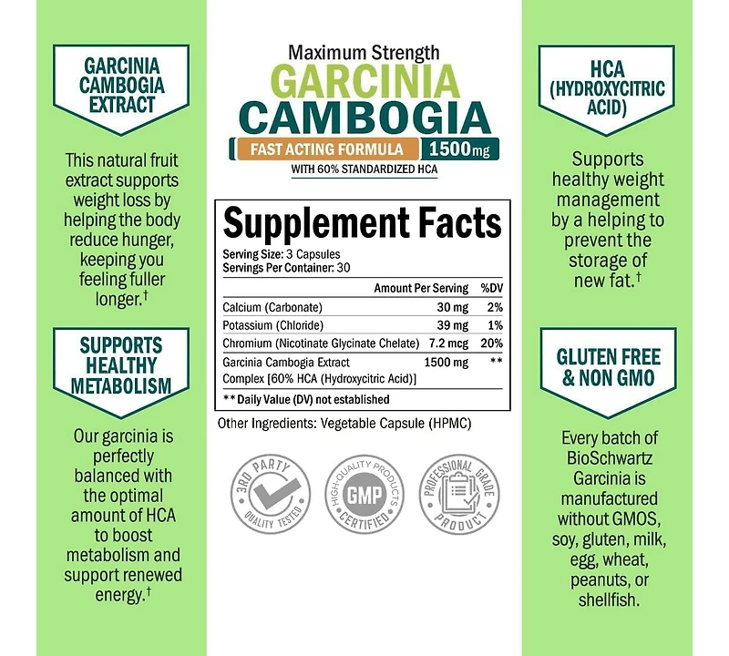 Garcinia Cambogia Weight Loss Pills - 1500mg Hca Pure Extract - Fast Acting Appetite Suppressant - Fat Burner for Women and Men to Help Lose Weight