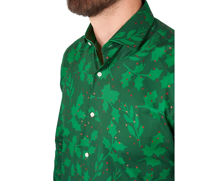 OppoSuits Men's Bright Berry Shirt - Perfect For Christmas Xmas Parties Including 1 Button-Up Green Long sleeve