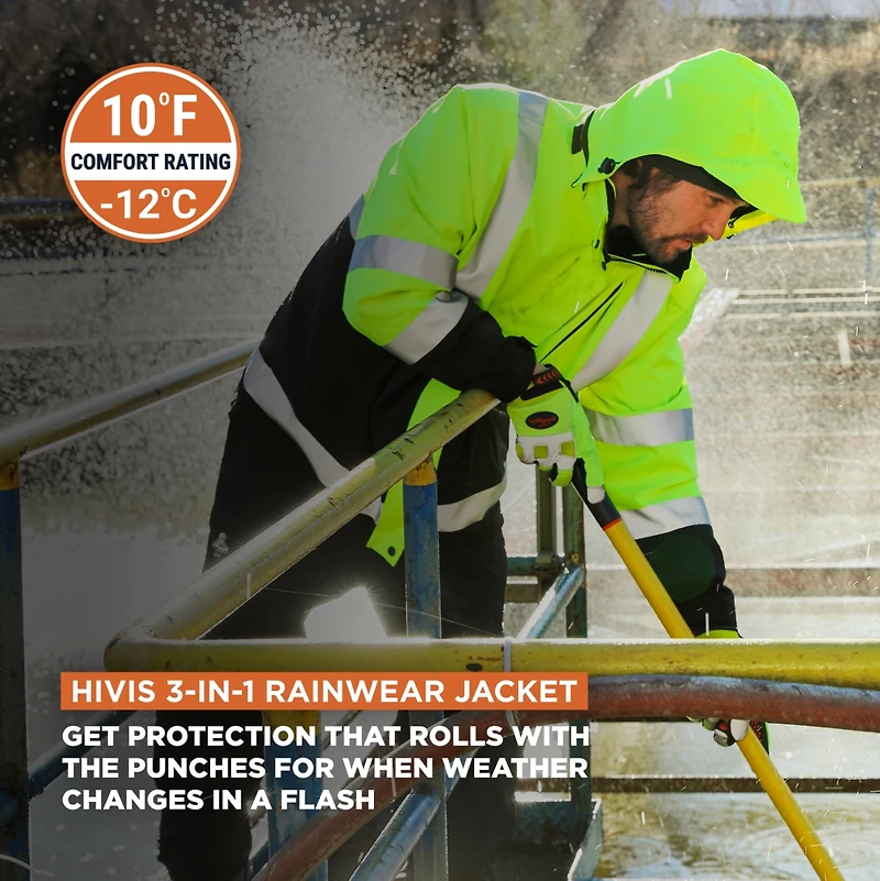 RefrigiWear Men's HiVis 3-in-1 Rainwear Jacket - High Visibility, Waterproof, Breathable, Reflective Safety Coat with Removable Liner