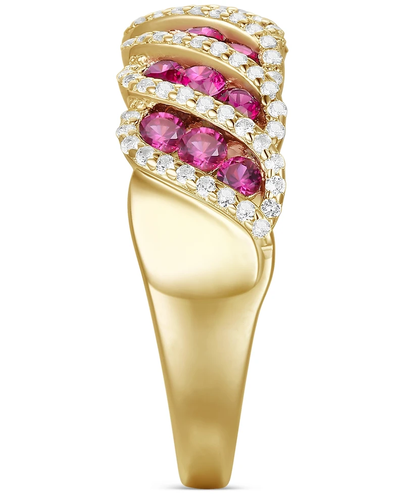 Lab-Grown Ruby (1 ct. t.w.) & White Sapphire (3/8 Diagonal Row Statement Ring 14k Gold-Plated Sterling Silver (Also Lab-Grow