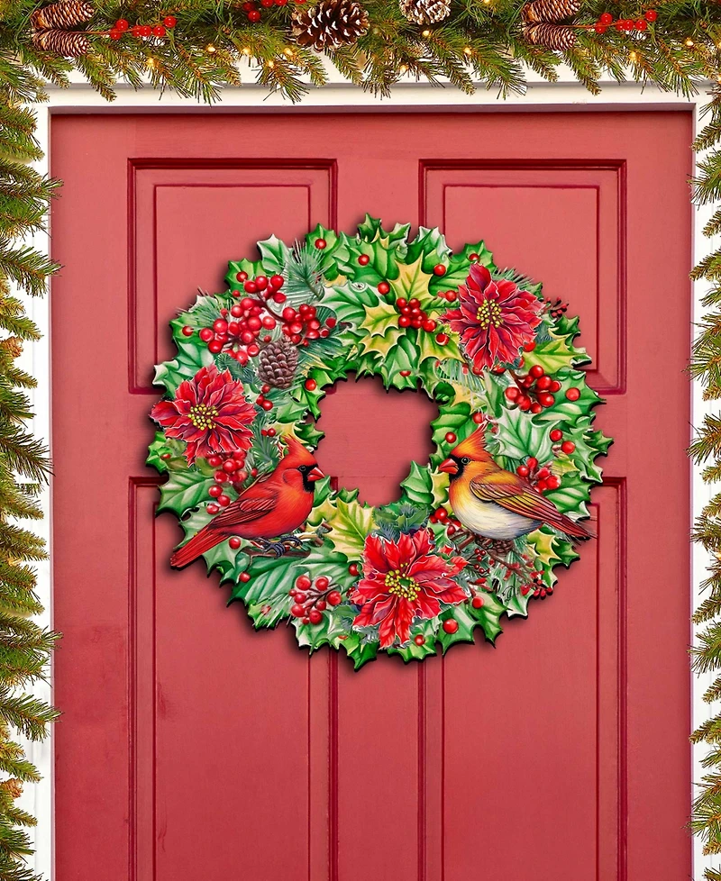 Designocracy Cardinal Garland Wreath Christmas Door Hanger Wooden Door Decor G. DeBrekht
