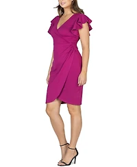 24seven Comfort Apparel Women's V-neck Ruffle Sleeve Knee Length Dress