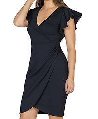 24seven Comfort Apparel Women's V-neck Ruffle Sleeve Knee Length Dress