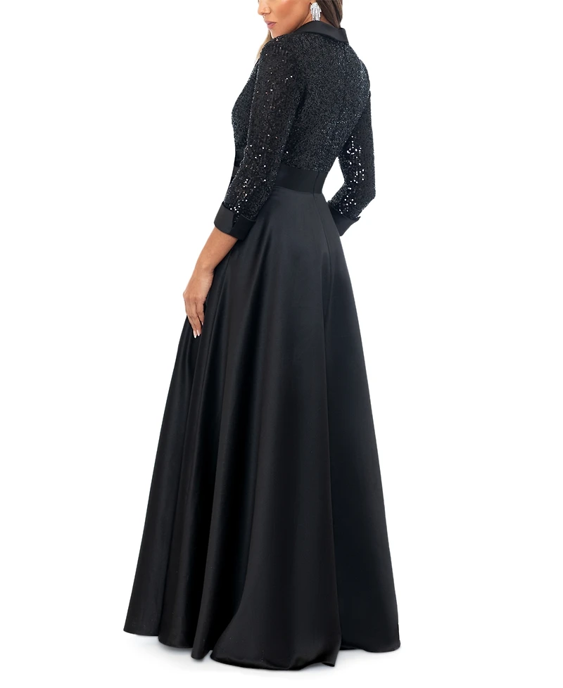 Xscape Women's Sequined Tuxedo Belted Ball Gown
