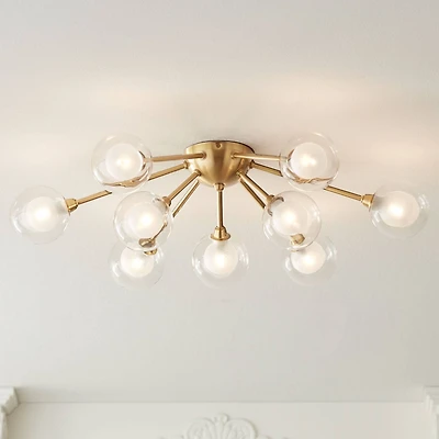 Possini Euro Design Spheres Modern Ceiling Light Flush Mount Fixture 28" Wide Warm Brass 9-Light Led Clear Globe Glass for Bedroom Kitchen Living