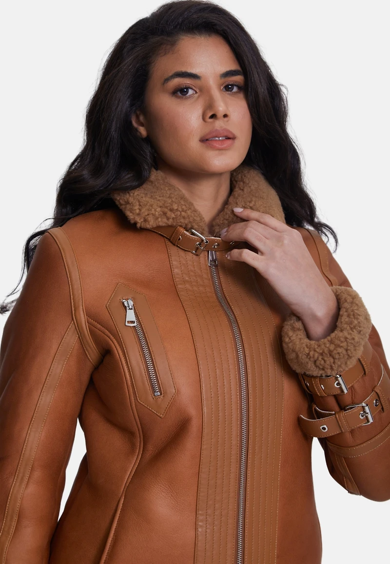 Furniq Uk Women's Fashion Jacket, Silky Brick With Camel Curly Wool