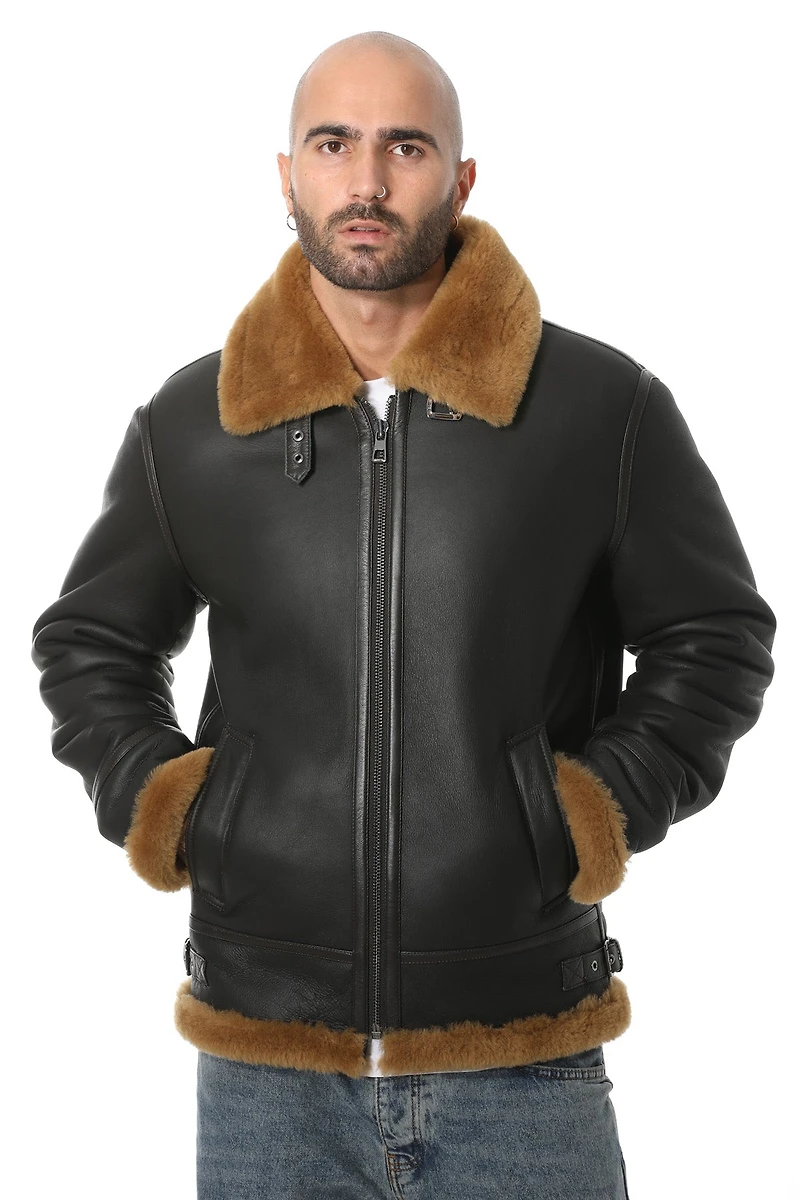 Furniq Uk Men's Shearling Raf B3 Aviator Jacket, Silky Brown with Ginger Wool