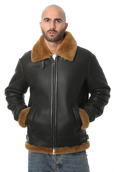 Furniq Uk Men's Shearling Raf B3 Aviator Jacket, Silky Brown with Ginger Wool