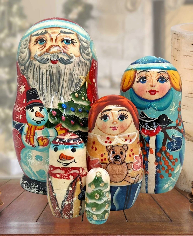 Designocracy Santa Family Matryoshka Nesting Hand-Painted Doll Set of 5 by G. DeBrekht