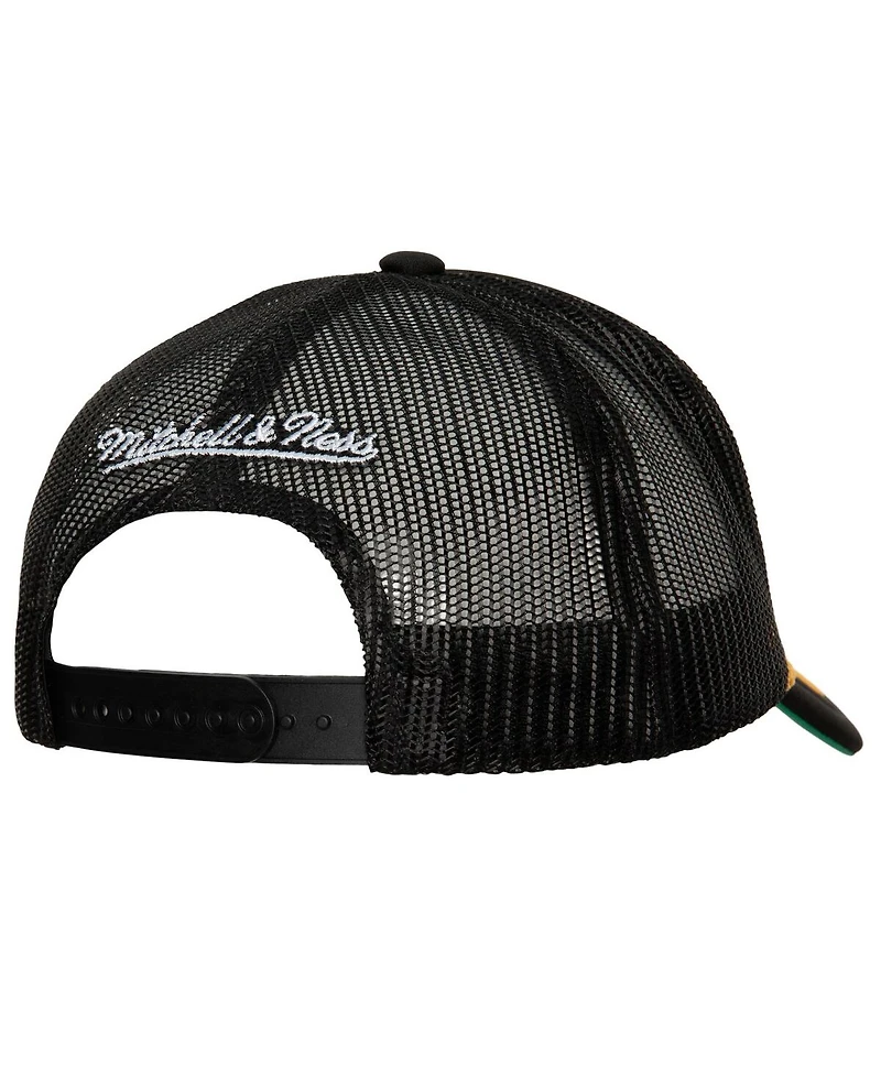 Men's Mitchell & Ness Black Brooklyn Nets Hardwood Classics Gold Leaf Mesh Trucker Snapback Hat