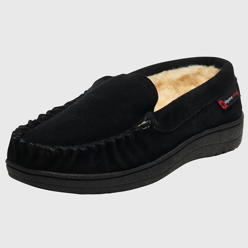 Alpine Swiss Men's Moccasin Slippers Genuine Suede House Shoe Memory Foam Insole Plush Faux Shearling Lining Comfy Indoor Outdoor Anti-Slip Rubber Sol