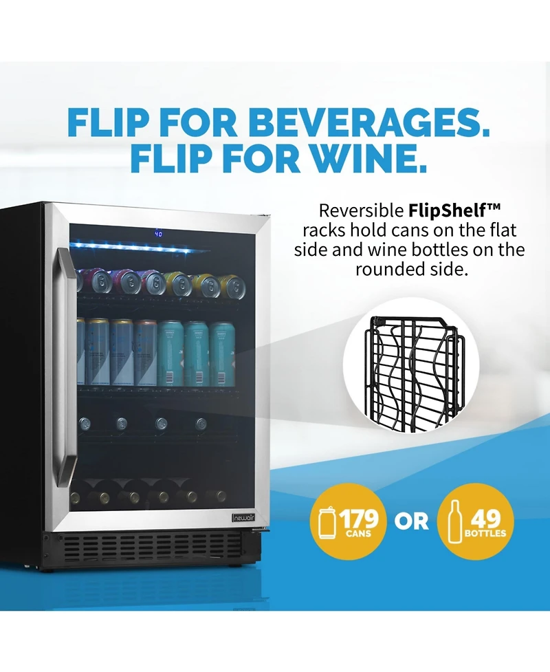 Newair FlipShelf 24" 179 Can or 49 Bottle, Built-in or Freestanding Wine and Beverage Fridge with Reversible Shelves and Precision Temperature Co