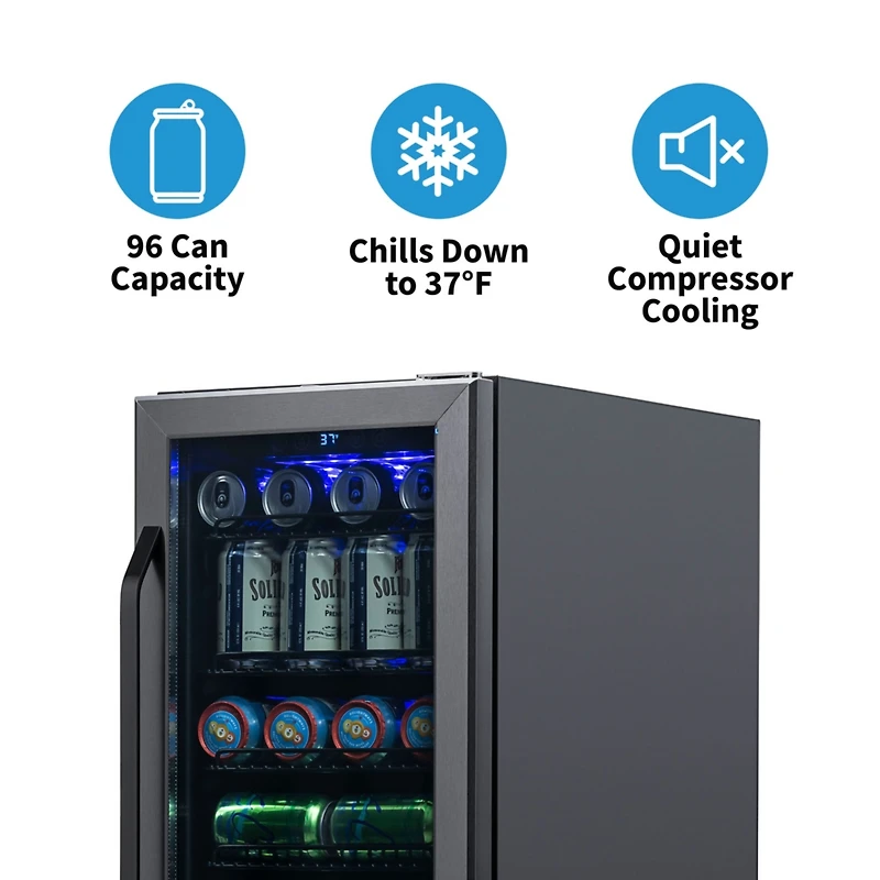 Newair 15" Built-in 96 Can Beverage Fridge in Stainless Steel with Precision Temperature Controls and Adjustable Shelves