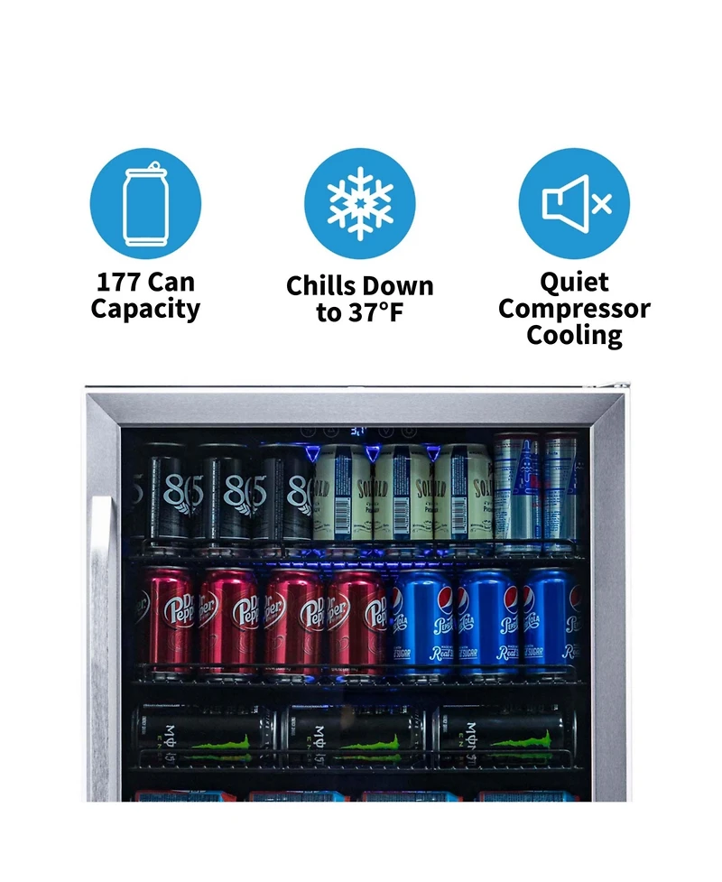 Newair 24" Built-in 177 Can Beverage Fridge in Stainless Steel with Precision Temperature Controls and Adjustable Shelves