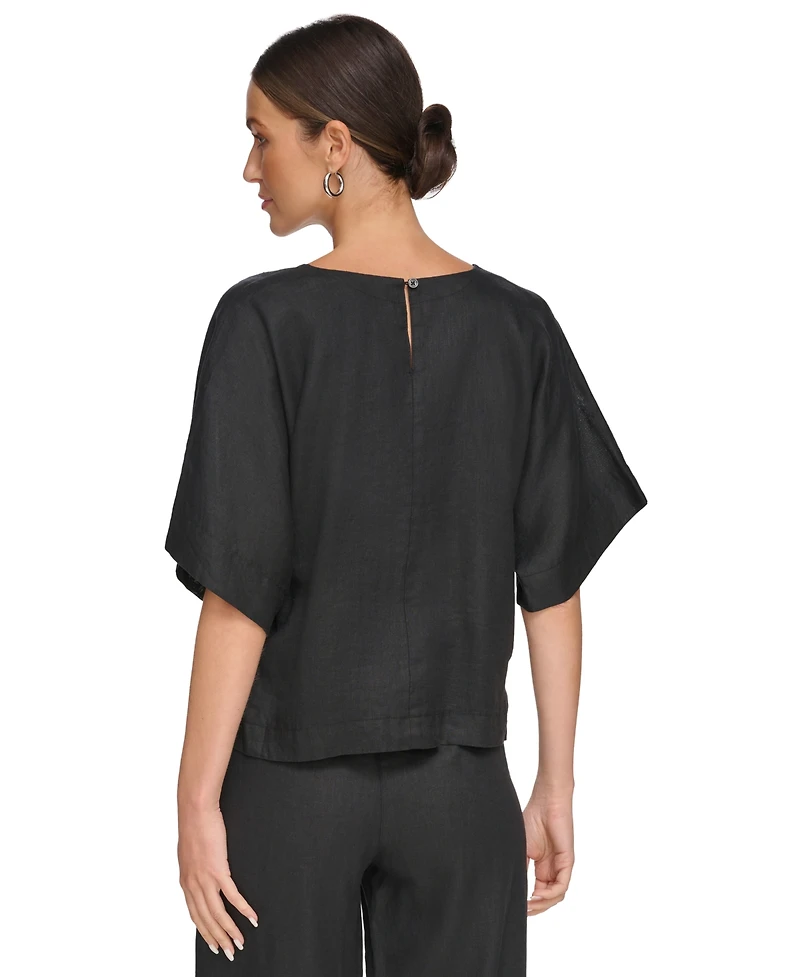 Dkny Linen Drop Shoulder Short Sleeve Top