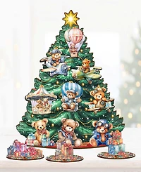 Designocracy Teddy Bears Themed Wooden Christmas Tree with Ornaments Set of 13 G. DeBrekht