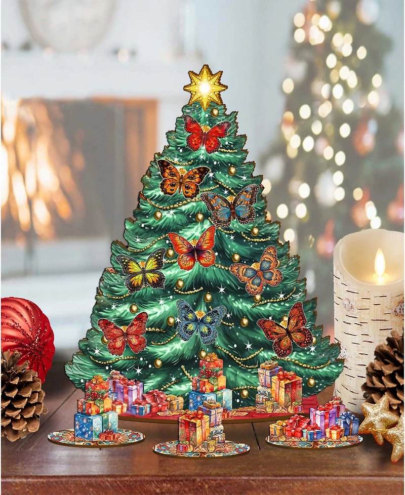 Designocracy Butterfly Themed Wooden Christmas Tree with Ornaments Set of 13 G. DeBrekht