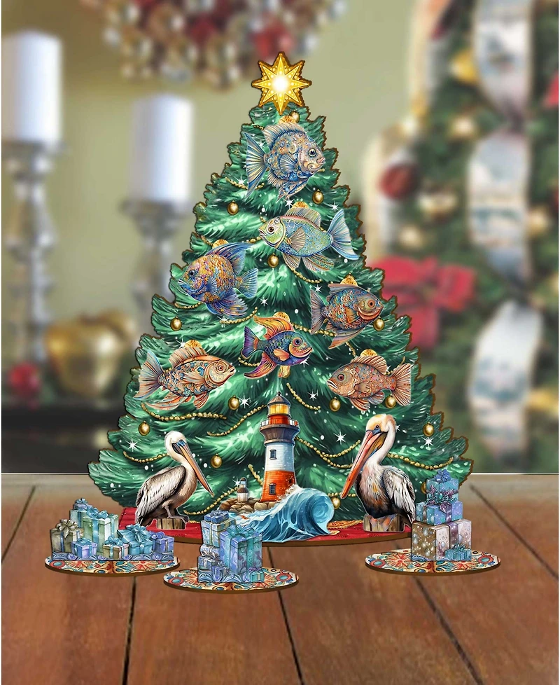 Designocracy Coastal Themed Wooden Christmas Tree with Ornaments Set of 13 G. DeBrekht