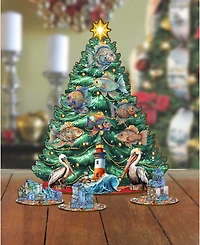 Designocracy Coastal Themed Wooden Christmas Tree with Ornaments Set of 13 G. DeBrekht