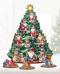 Designocracy Santa Clause Themed Wooden Christmas Tree with Ornaments Set of 13 G. DeBrekht