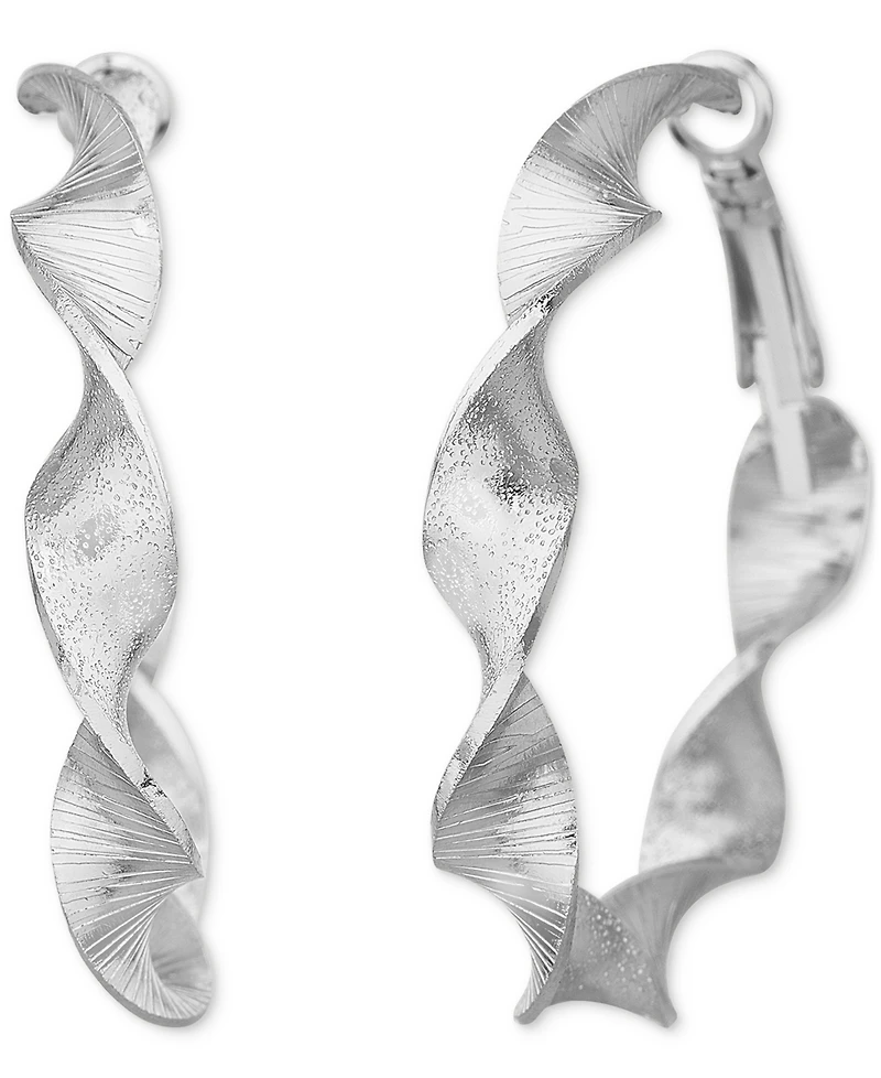 kensie Silver-Tone Star Pattern Medium Hoop Earrings, 1.7"