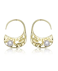 Sterling Silver 14K Gold Plated with Genuine Freshwater Round Pearl Hoop Earrings