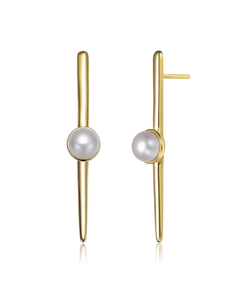 Sterling Silver 14K Gold Plated with Genuine Freshwater Pearl and Bar Drop Earrings