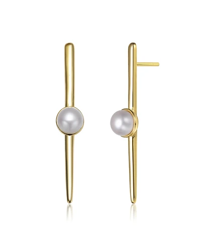 Sterling Silver 14K Gold Plated with Genuine Freshwater Pearl and Bar Drop Earrings