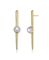 Sterling Silver 14K Gold Plated with Genuine Freshwater Pearl and Bar Drop Earrings