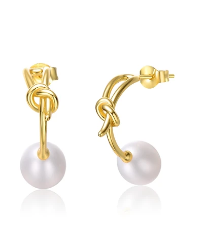 Sterling Silver 14k Yellow Gold Plated with White Freshwater Pearl Love Knot Half-Hoop Earrings