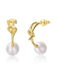 Sterling Silver 14k Yellow Gold Plated with White Freshwater Pearl Love Knot Half-Hoop Earrings