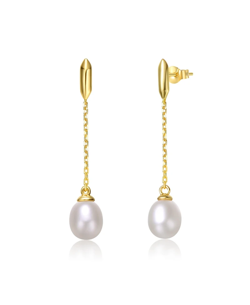 Sterling Silver 14k Yellow Gold Plated with White Freshwater Pearl Linear Dangle Drop Cable Chain Earrings