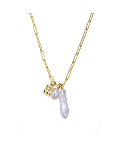 Sterling Silver 14K Gold Plated Genuine Freshwater Pearl and Cubic Zirconia Lobster Claw Link Necklace