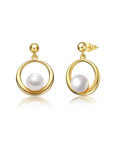 Sterling Silver 14k Yellow Gold Plated with White Freshwater Pearl Eternity Circle Halo Dangle Earrings