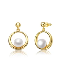 Sterling Silver 14k Yellow Gold Plated with White Freshwater Pearl Eternity Circle Halo Dangle Earrings