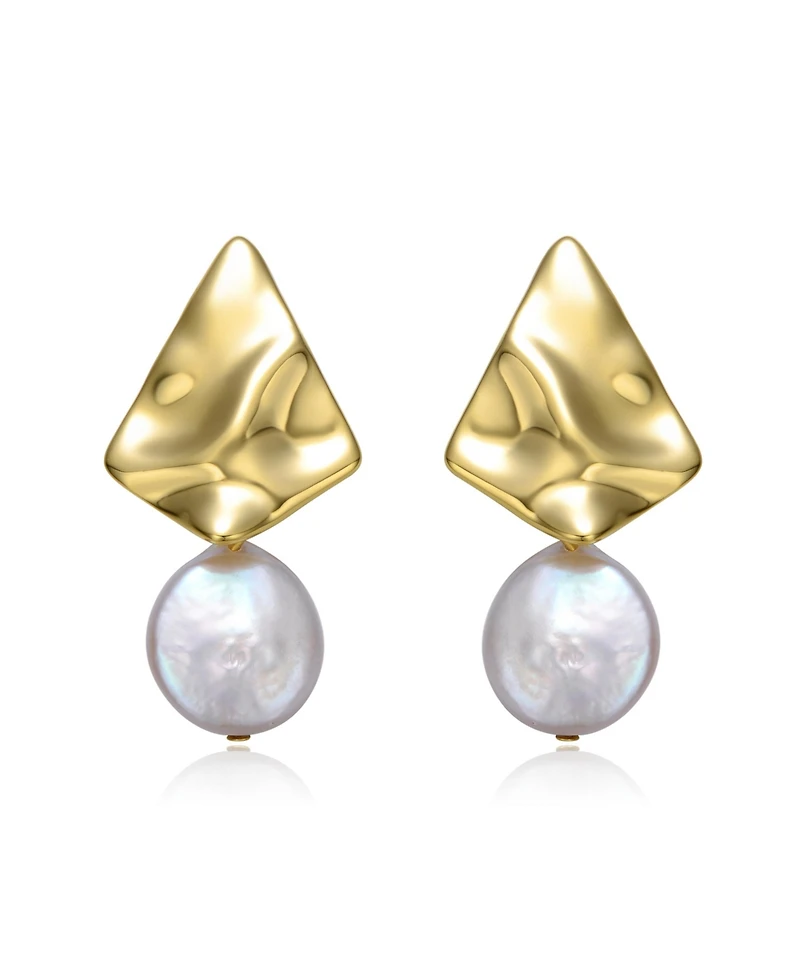Sterling Silver 14k Yellow Gold Plated with White Coin Freshwater Pearl Drop Geometric Rippled 3D Double Dangle Earrings