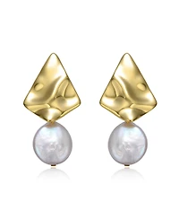 Sterling Silver 14k Yellow Gold Plated with White Coin Freshwater Pearl Drop Geometric Rippled 3D Double Dangle Earrings