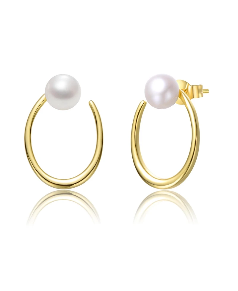 Sterling Silver 14k Yellow Gold Plated with White Freshwater Pearl Oblong Oval Halo Hoop Dangle Earrings
